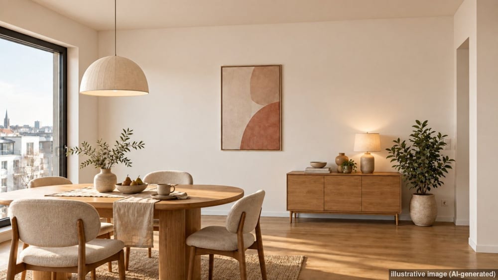 Einzelnes Akustikbild an einer sonst kahlen Wand in einem hell möblierten Esszimmer
