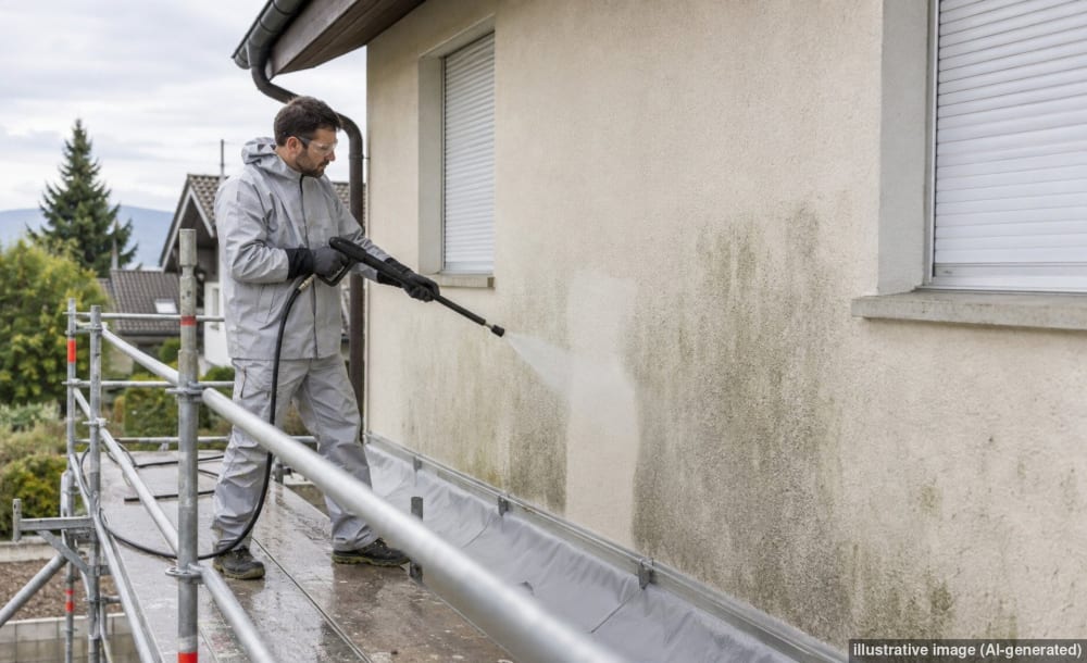 Fassadenreinigung mit Gerüst bei Mehrfamilienhaus