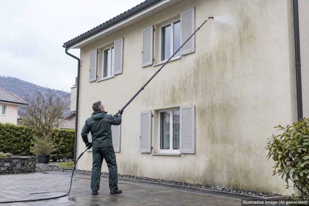 Fassadenreinigung wird mit einer langen Teleskoplanze