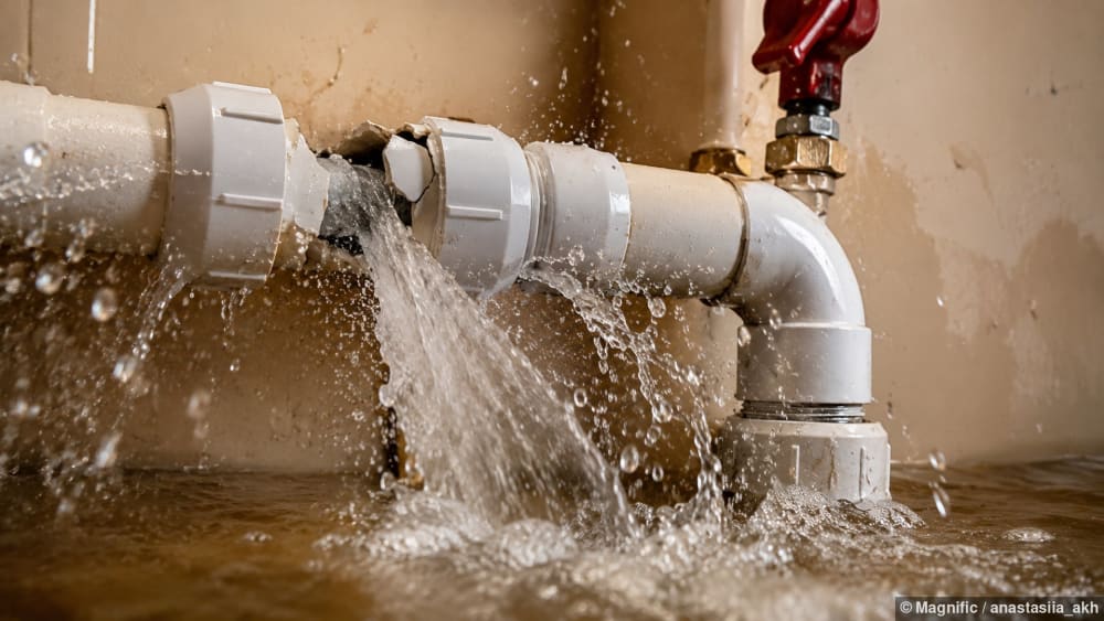 Aus einem geplatzten Rohr tritt im Innern eines Gebäudes Wasser aus