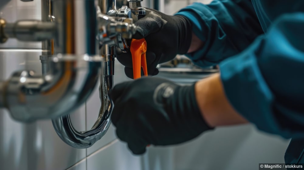 Hände eines Sanitärinstallateurs mit Rohrzange am Siphon unter dem Lavabo