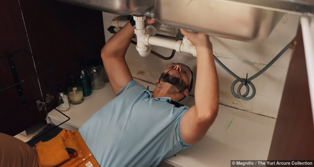 Sanitärinstallateur ortet ein Leck an der Leitung unter dem Spültrog