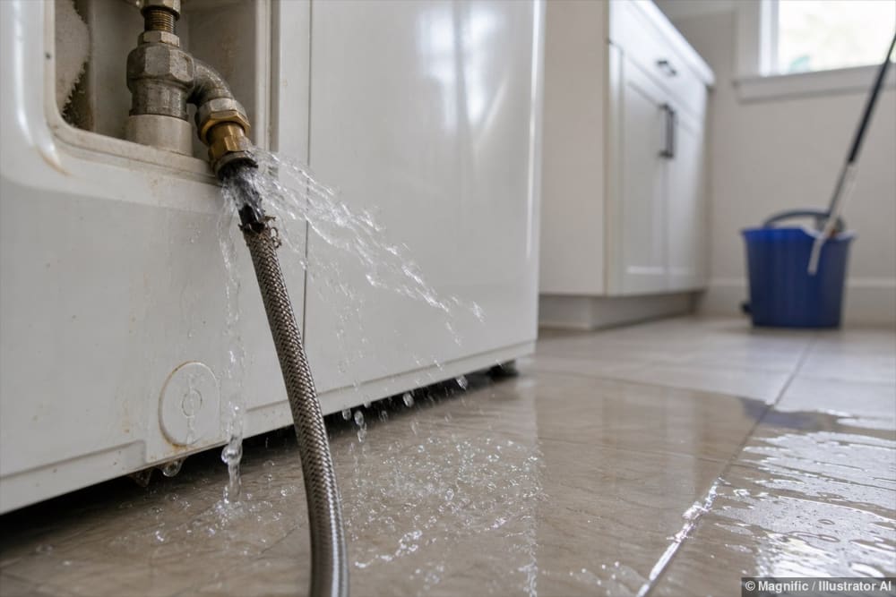 Undichter Schlauch an einer Waschmaschine, aus dem Wasser auf den Boden läuft