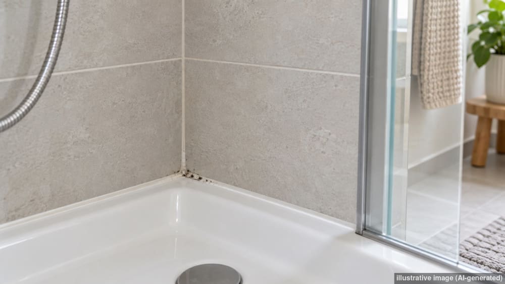 Schwarzer Schimmel wächst auf einer weissen Silikonfuge im Badezimmer
