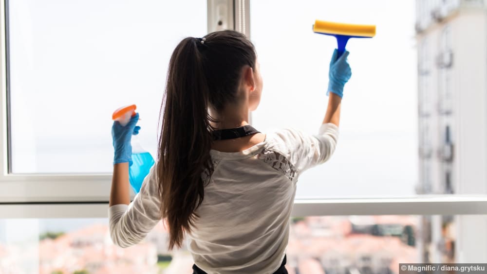Eine glückliche Frau mit Handschuhen reinigt ein Fenster mit einem Lappen und Reinigungsspray