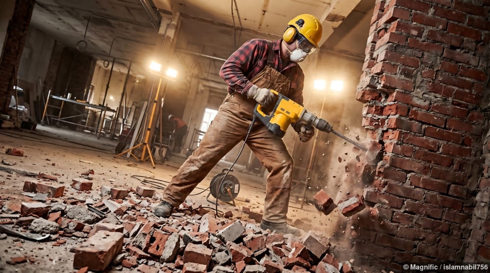 Rückbau: Ein Bauarbeiter reisst mit einem Bohrhammer eine Backsteinwand ein