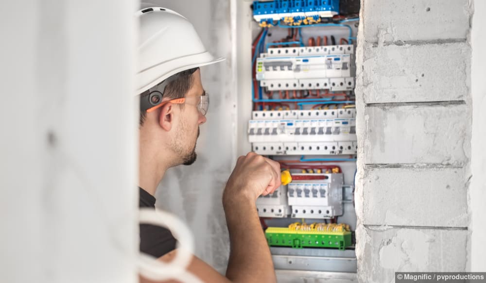 Ein Elektriker arbeitet an einem Sicherungskasten mit vielen Sicherungen