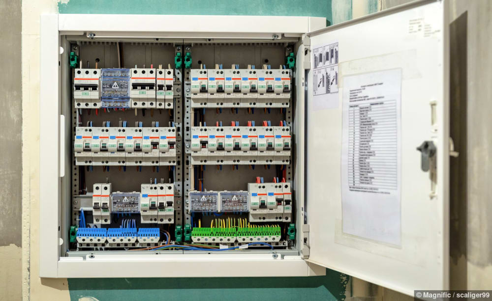Ein moderner elektrischer Verteilerkasten mit vielen Schaltern und Kabeln