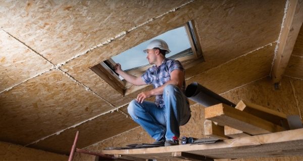 Dachdecker überprüft Dachfenster